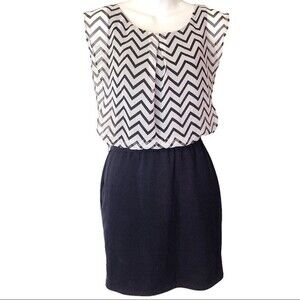 Candie’s Black and Greyish White Zigzag Chevron Belted A Line Cocktail Dress